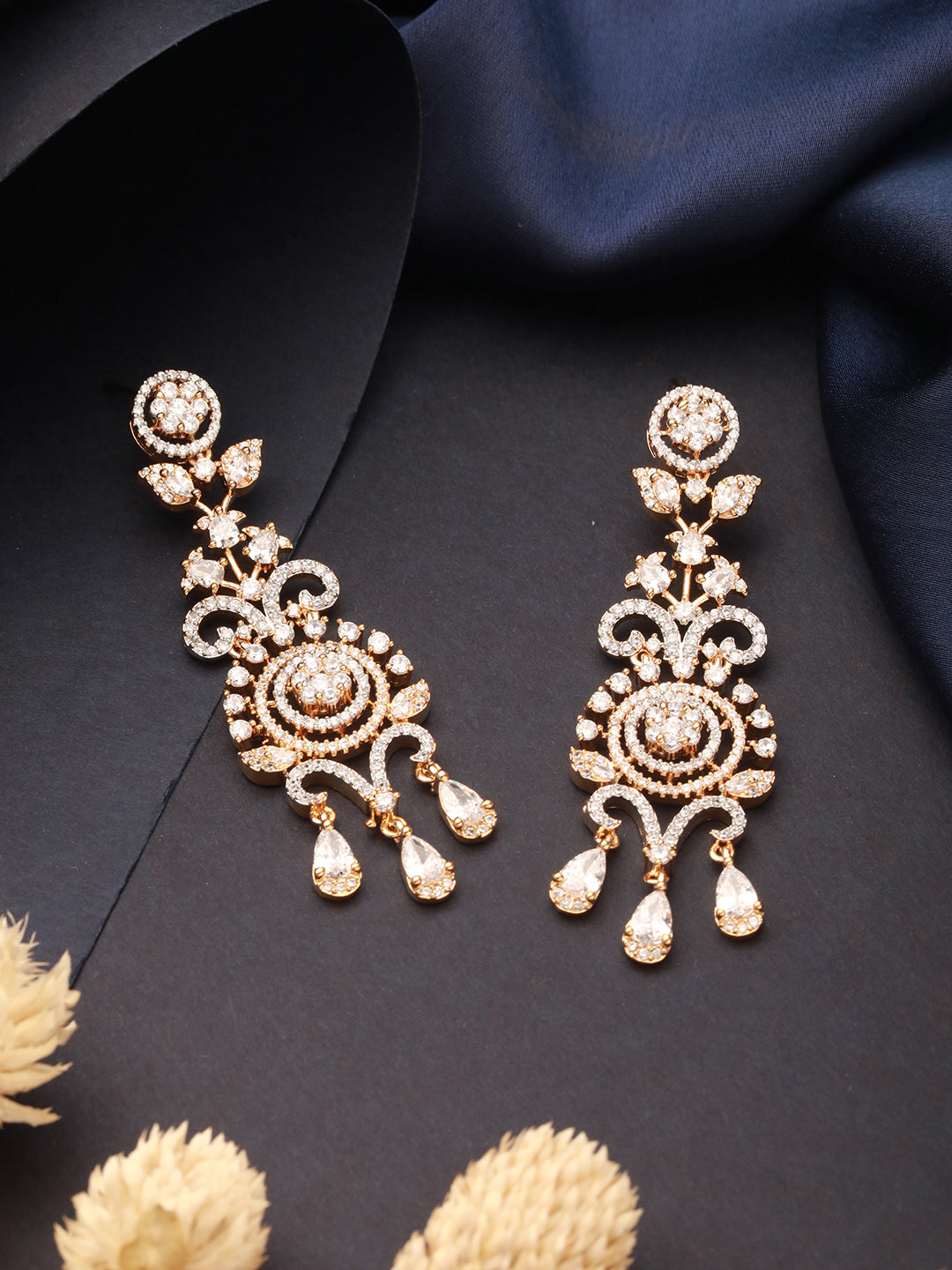 Gold Toned AD Zircon Studded Designer Chandelier Statement Earrings